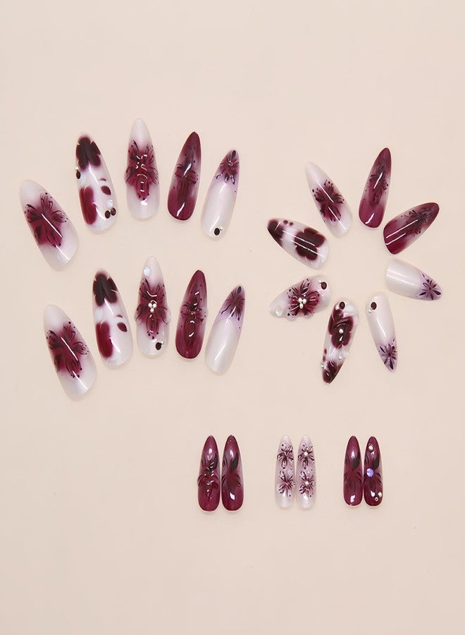 SHUXILIN 24Pcs Burgundy Gradient Flower Press on Nails Medium Almond Fake Nails with 3D Pearl Design Ombre False Nails Glue on Nails Artificial Hibiscus Acrylic Nail Floral Stick on Nail for Women - Image 4